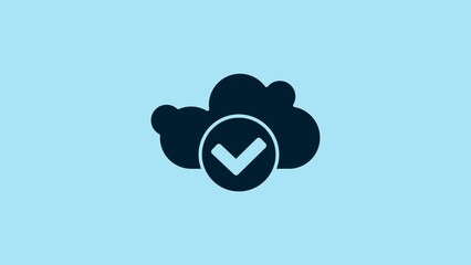 Sticker - Blue Cloud with check mark icon isolated on blue background. Cloud storage data protection. Cloud computing. 4K Video motion graphic animation