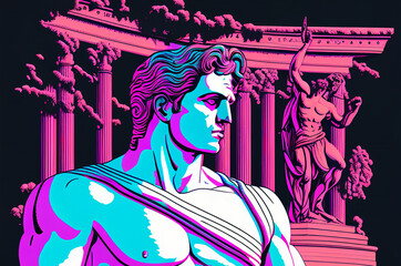 Wall Mural - Flat line art greek god sculpture in retrowave city pop design, vaporwave style colors, Generative Ai