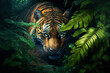 A tiger is lurking behind the leaves. Generative AI. Lovely tiger wallpaper.
