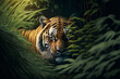 A tiger is lurking behind the leaves. Generative AI. Lovely tiger wallpaper.