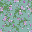 Seamless floral pattern with spring garden violets on grey-green background.