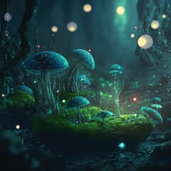 Wall Mural - Glowing mushroom with fireflies in the magic forest ,made with Generative AI