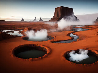 Wall Mural - A mysterious barren landscape with hot springs and waterfalls. 