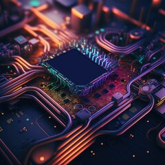 Amazing computer chip board, abstract electronic circuits, bright neon lights ,made with Generative AI