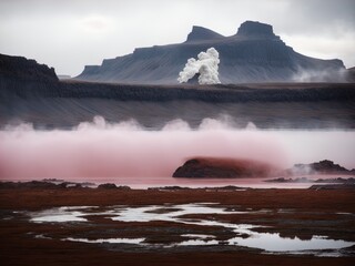 Wall Mural - A mysterious barren landscape with hot springs and waterfalls. 