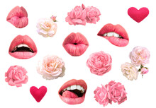 Romantic Set Of Roses And Lips For Valentine Day And Love Illustration.  Lips Sending You Hot Gentle Kiss Isolated On A Transparent Background. Roses Isolated On A Transparent Background. Beauty Sexy 