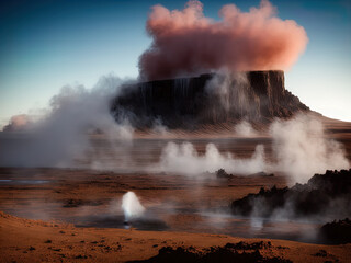 Wall Mural - A mysterious barren landscape with hot springs and waterfalls. 