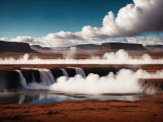 Wall Mural - A mysterious barren landscape with hot springs and waterfalls. 