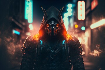 armored samurai waiting on the street with neon lights on background, ai generative