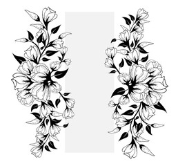 Wall Mural - floral arrangement frame for invitation, poster, greeting card, background. Can be used to print on fabric or paper. Richly decorated, flowers, grass, leaves, branches. Made in the style of line art