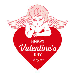 Wall Mural - Valentine's day Heart shape logo and Cupid with one hand resting under their chin - Red and pink color