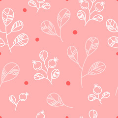 Seamless pattern of ornamental plants with berries and leaves and twigs. Botanical outline wallpaper, textile, wrapping paper design.