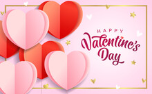 Happy Valentines Day With Flying Paper Hearts. Happy Valentine's Day Inscription And Romantic Background With Hearts And Stars For Banners Or Posters Design. Vector Illustration