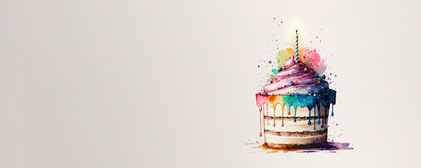 Wall Mural - Happy Birthday - Cake with copy space - Watercolor (Generative AI Art)