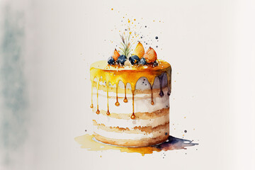 Wall Mural - Happy Birthday - Cake with Fruit - Watercolor (Generative AI Art)