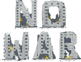 Wall Mural - Destroyed buildings between the ruins and concrete in form of word No War, war destruction concept illustration, destroyed buildings ruins and concrete, war destruction