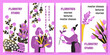 Set of vector banners for floristry studio with girls cutting flowers and picking a bouquet. Florist at work. Profession training