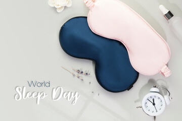 World sleep day card with masks for sleep, alarm clock with time for sleep and lavender flowers on a grey background with inscription World Sleep Day