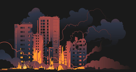 Wall Mural - Night town on fire after bombing, silhouettes of destroyed buildings ruins through hostilities and bombing, war destruction concept illustration background, red ruins of residential buildings in fire 