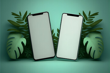 3d rendering of two white screen phones mockup on a green background with plants.