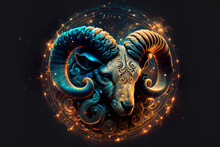 Aries Zodiac Sign, Horoscope Symbol, Magic Astrology Aries In Fantastic Night Sky, Generative AI Illustration