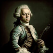 Beautiful  portrait of Wolfgang Amadeus Mozart famous classical composer with violin, like in an old painting. Content made with generative AI not based on real person.