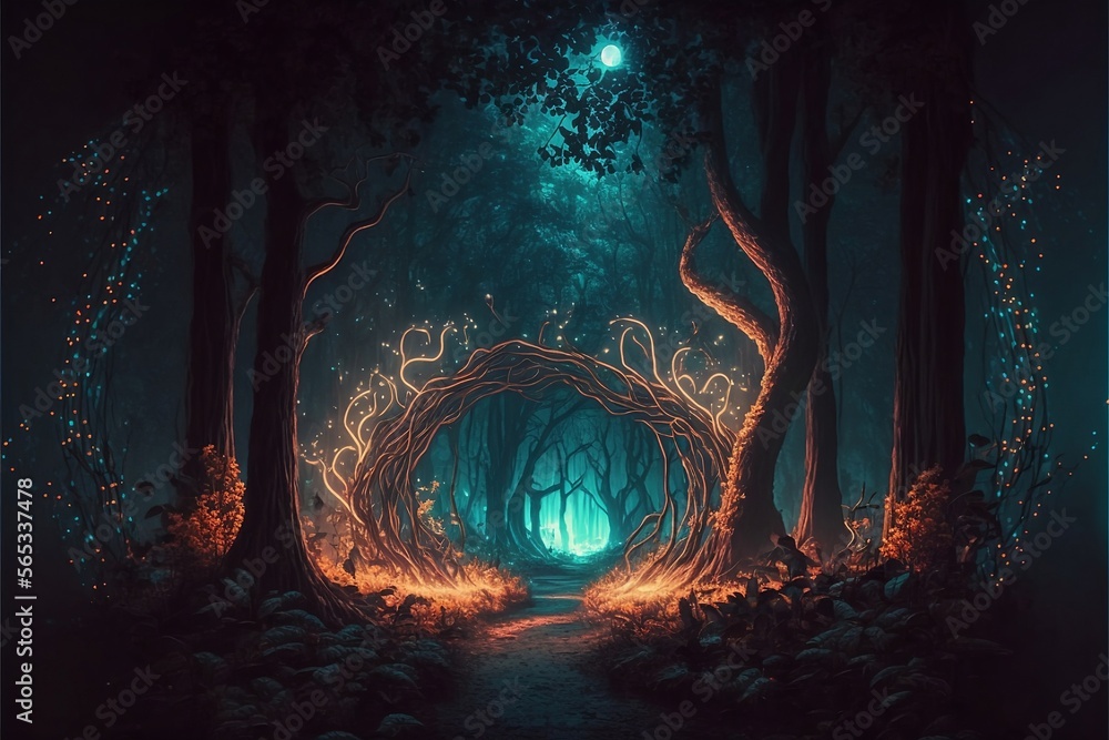Gloomy fantasy forest scene at night with glowing light, Fantasy forest ...