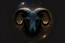 Aries Horoscope Sign On Shiny Stars Galaxy Background. Gorgeos Black Ram With Horns On Black Background
