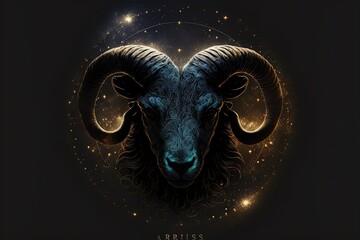 aries horoscope sign on shiny stars galaxy background. gorgeos black ram with horns on black backgro