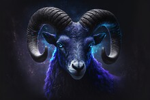 Aries Horoscope Sign With Blue Glowing Eyes On Shiny Stars Galaxy Background. Gorgeos Ram With Horns On Black Background.