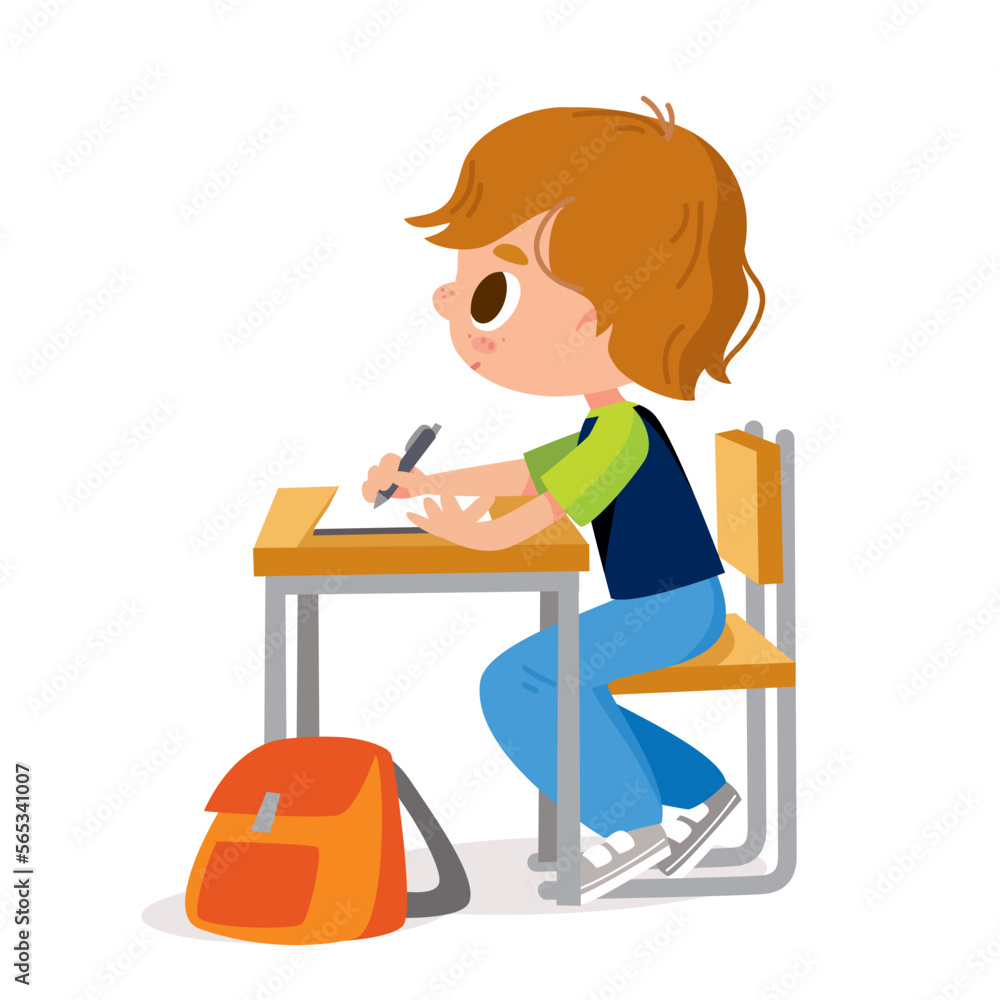 A primary school student sits at a desk and writes the lesson in notepad or  copybook., image size:1000x1000