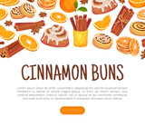 Fototapeta  - Cinnamon Orange Banner Design with Citrus Fruit, Spice Sticks and Bun Vector Template