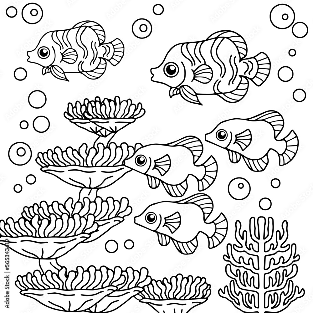 Coloring Fish Layout design aqua fish outline coloring page for kid Stock Vector | Adobe Stock