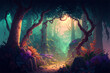 Concept art illustration of a magical forest. Forest landscape background. path into a magical forest. Video game background art. Game design asset.