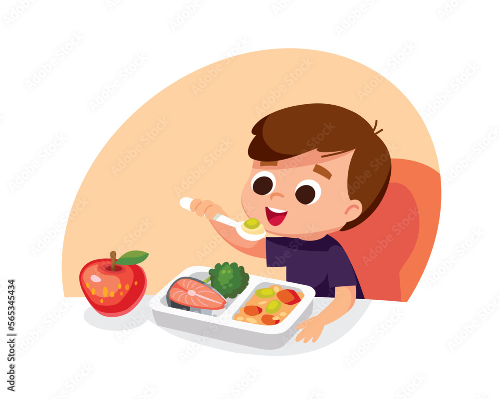 Vetor do Stock Boy eating healthy eco food with spoon sitting at the table.  Child having meal for breakfast, lunch. Boy eats apple for supper, dinner  or snack. Hungry kid have a, image size:1000x800