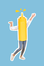 Photo Collage Artwork Minimal Picture Of Funny Carefree Lady Mustard Bottle Instead Of Body Isolated Drawing Background