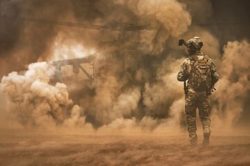 Wall Mural - Military soldier between storm and dust at desert	