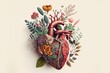Abstract realistic illustrated colorful love heart made of fresh Spring flowers. Decorative human heart. good for Valentine's Day, celebration, party . Generative AI.
