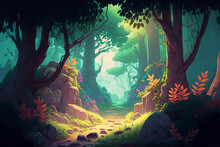 Concept Art Illustration Of A Magical Forest. Forest Landscape Background. Path Into A Magical Forest. Video Game Background Art. Game Design Asset.