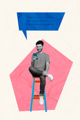 Poster - Creative magazine collage image of happy smiling guy chatting twitter telegram facebook empty space isolated painting background