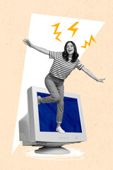 Wall Mural - Creative photo 3d collage artwork poster picture of happy girl in old gadget continue live without light isolated on painting background