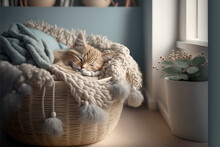 Cute Kitten Sleeping In A Basket Generated With AI