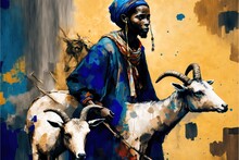
African Art, Goat Herder, Abstraction, Canvas Print, Painting