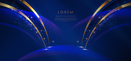 abstract gold curved on dark blue background with lighting effect and sparkle with copy space for te