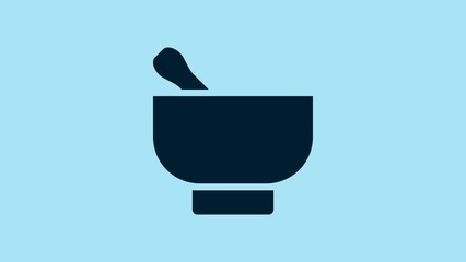 Sticker - Blue Magic mortar and pestle icon isolated on blue background. 4K Video motion graphic animation