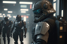 Robot Cyborg Soldier, Looking Behind, Star Wars Like, Storm Trooper Like, Portrait Cyber Soldier, Futuristic, Sci-fi, 3D Art