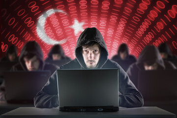 Wall Mural - many turkish hackers. turkey flag in background. internet security concept.