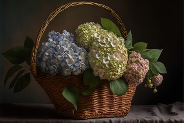 Wall Mural - Beautiful bouquet of colorful hydrangea in a wicker basket in a sunny green garden. AI