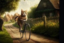Cute Cyclist Cat Riding Bicycle And Cycling In Countryside Illustration Generative Ai