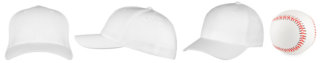 set collection of white empty blank baseball cap template in different angles isolated white backgro